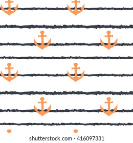 cute orange anchors on blue grunge stripes seamless vector pattern background illustration