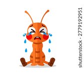 A cute orange ant character sitting on the ground and crying. The ant has large expressive eyes squeezed shut, bright red circular cheeks, and vibrant blue teardrops falling. Flat vector mascot design