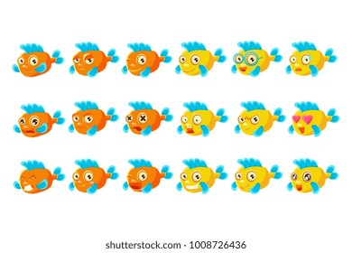 Cute Orange Aquarium Fish Cartoon Character Set Of Different Facial Expressions And Emotions