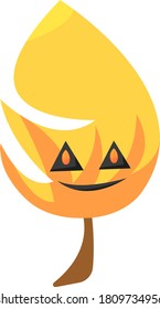 cute orange autumn leaf cartoon character with triangular eyes with flames. Object on white background. Halloween and mysticism concept 
