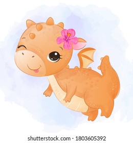 Cute orange baby dragon flying with flower in her head