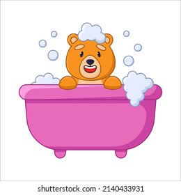 Cute orange bear cartoon character taking bath sticker. Funny happy comic forest animal sitting in foamy bathtub flat vector illustration isolated on white background. Wildlife, emotions concept