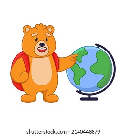 Cute orange bear cartoon character pointing at globe sticker. Comic forest animal as student or pupil with backpack flat vector illustration isolated on white background. Wildlife, emotions concept