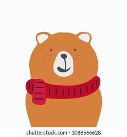 Cute orange bear with Scarf isolate on white background. vector design. illustration 