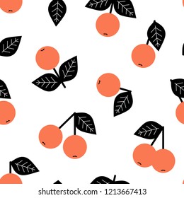 Cute orange berry, rowan seamles pattern. With black twig and leaf.