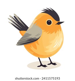 Cute orange bird character in cartoon style. Yellow feather. Funny animal isolated on white background. Doodle print for kids and nursery design. Vector illustration