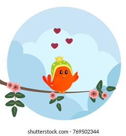 Cute orange bird in hat sitting on a branch of sakura. Cute sparrow with hearts on sky background