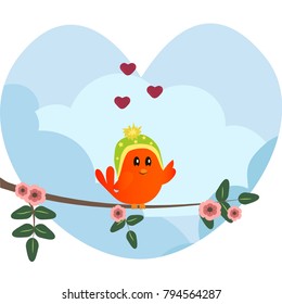 Cute orange bird in hat sitting on a branch of sacura. Cute sparrow with hearts on sky background