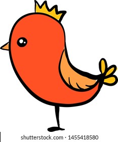 Cute orange bird wearing a crown, illustration, vector on white background.