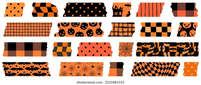 Cinta de enmascarar linda del papel de Vector digital de Halloween naranja y negro con las calabazas, los murciélagos y los patrones de la tela escocesa con los bordes rasgados