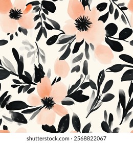 Cute orange with black leave florals watercolor seamless pattern with  watercolor background. Flower vector illustration. Watercolor print in rustic vintage style, textile or wallpapers.