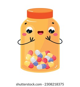 Cute Orange Bottle with Drug and Medicine Having Smiling Face and Arms Vector Illustration