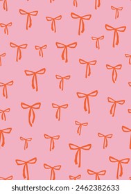 Cute orange bows seamless repeat pattern on pink background. Hand drawn, vector ribbon aop, all over surface print. 