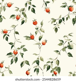 Cute orange branch seamless watercolor pattern with watercolor background. Flower and leave vector illustration. Watercolor print in rustic vintage style, textile or wallpapers.