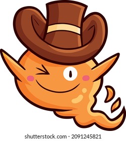 Cute orange bubble ghost wearing long brown hat