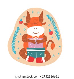 Cute orange bull with gift box in red socks. Christmas evergreen and ball decoration. Symbol of Chinese New year 2021. Hand drawn illustration for greeting cards, posters. Web element. 