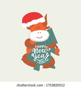 Cute orange bull in Santa hat with evergreen christmas tree. Christmas and Symbol of Chinese New year 2021. Hand drawn illustration for greeting cards, posters. Web element. 