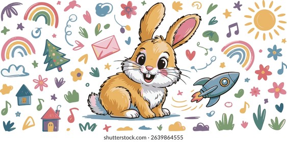Cute Orange Bunny Rabbit with Rocket and Rainbow Childish Illustration