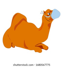 A cute orange camel sat down to rest. It is protected by a medical mask. Vector illustration