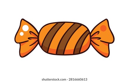 A cute orange candy with brown stripes, wrapped in a classic twist wrapper, designed in a simple and colorful cartoon style, isolated on white background.