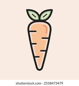 Cute orange carrot with green leaves, stem, root carrot and nice reflexes filled vector icon