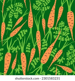 Cute orange carrots with leaves on green background seamless pattern. Vector illustration, repeat pattern.