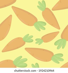 cute orange carrots on yellow background with green grass, vector seamless pattern in flat style