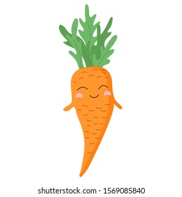 Cute orange cartoon carrot. Root-crop, root, fun food, healthy vegetable, pretty face. Kawaii food. Carotene, vitamin A. Isolated vector image on white background