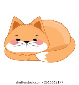 Cute orange cartoon cat curled up, big cheeks, pink blush, adorable and cozy, isolated on white background