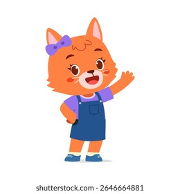 Cute Orange Cartoon Cat Girl in Overalls Smiling and Waving Hand Illustration