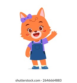 Cute Orange Cartoon Cat Girl Waving Hand, Wearing Blue Dress and Bow, Isolated on White Background