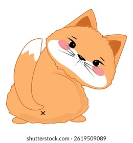 Cute orange cartoon cat laying on back, tilting head, fluffy cheeks, pink blush, playful and sweet style