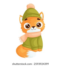 Cute orange cartoon cat sitting happily, dressed in a green sweater, matching hat with pom-pom, and pink scarf, on a white background. Adorable Cartoon Cat in Green Winter Outfit