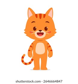 Gato de desenho animado laranja bonito de pé e sorrindo em fundo branco Ilustração de corpo inteiro