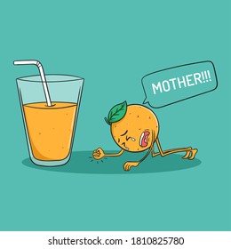 cute orange cartoon character cry for orange juice with doodle style