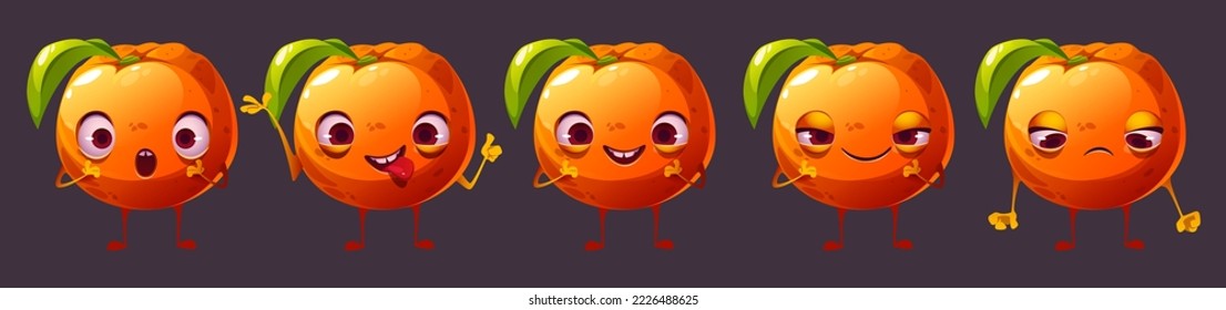 Cute orange cartoon character face emoji set. Funny citrus fruit ui comic game personage, happy, rejoice, upset, sad, surprised, show tongue and grin emotions. Healthy food mascot, Vector illustration