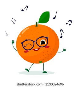 Cute Orange cartoon character in glasses dances to music. Vector illustration, a flat style.