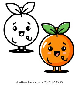 Cute orange cartoon. orange cartoon character. Orange with legs character in cartoon style doodle vector on white background. Orange colloring page for kids