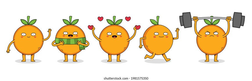 Cute orange cartoon character set 1 of waving, wearing scarf, spreading love, running and weight lifting