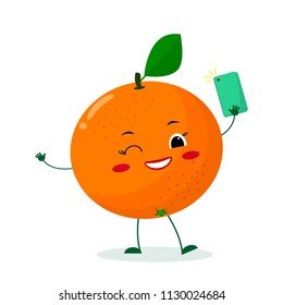 Cute Orange cartoon character with a smartphone and does selfie. Vector illustration, a flat style.