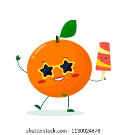 Cute Orange cartoon character in sunglasses star in the hands of a colorful ice cream. Vector illustration, a flat style.