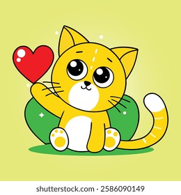 Cute orange cartoon kitten with a happy expression sitting playfully in a fun and colorful vector illustration