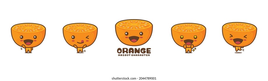 cute orange cartoon mascot, fruit vector illustration, with different facial expressions and poses, isolated on white background