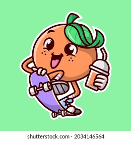 CUTE ORANGE CARTOON MASCOT IS RIDING A SKATEBOARD AND BRINGING A CUP OF ORANGE JUICE.