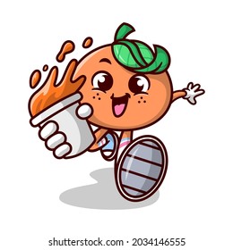 CUTE ORANGE CARTOON MASCOT IS RUNNING AND BRINGING A GLASS OF ORANGE JUICE.