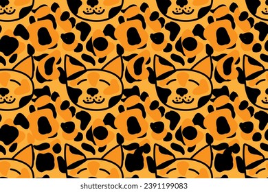 Cute orange cartoon smiling cat and animalistic abstract black and orange spots. Seamless vector pattern for design and decoration.