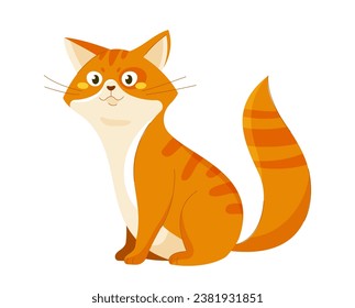 Cute orange cat. Adorable fluffy domestic animal. Charming pet sitting. Mammal and kitten. Graphic element for website. Cartoon flat vector illustration isolated on white background