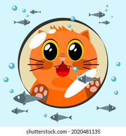 Cute Orange Cat Behind The Glass Of The Fish Tank Of Aquarium With Small Fish Flat Vector.