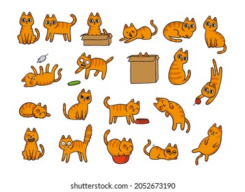 Cute orange cat cartoon character sticker set. Collection of kittens playing, smiling flat vector illustrations isolated on white background. Domestic animals, pets concept for game design