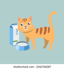 Cute orange cat cartoon character with milk box illustration. Comic domestic animal with milk or water in carton box isolated on blue background. Pets, food concept